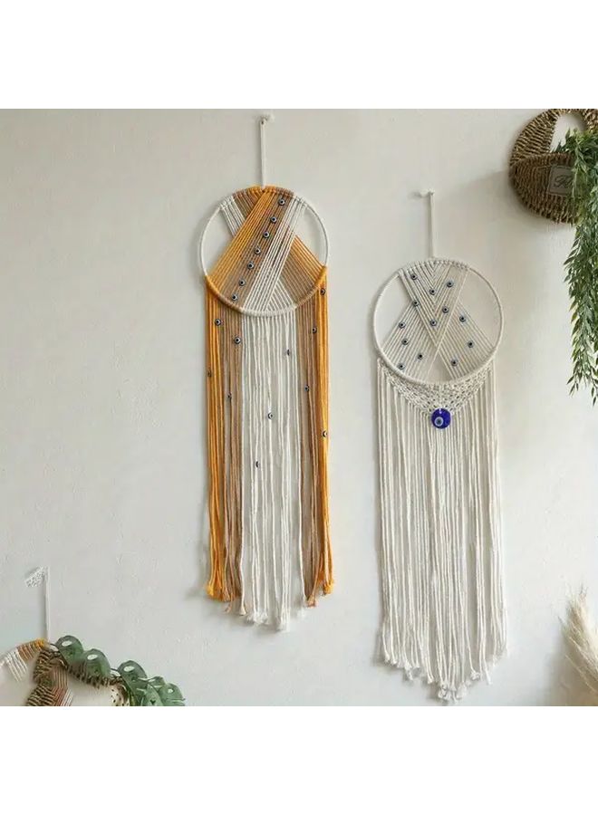 Handmade Macrame Wall Hanging With Fringe And Evil Eye Beads Boho Tapestry Decor Model A - Image 1
