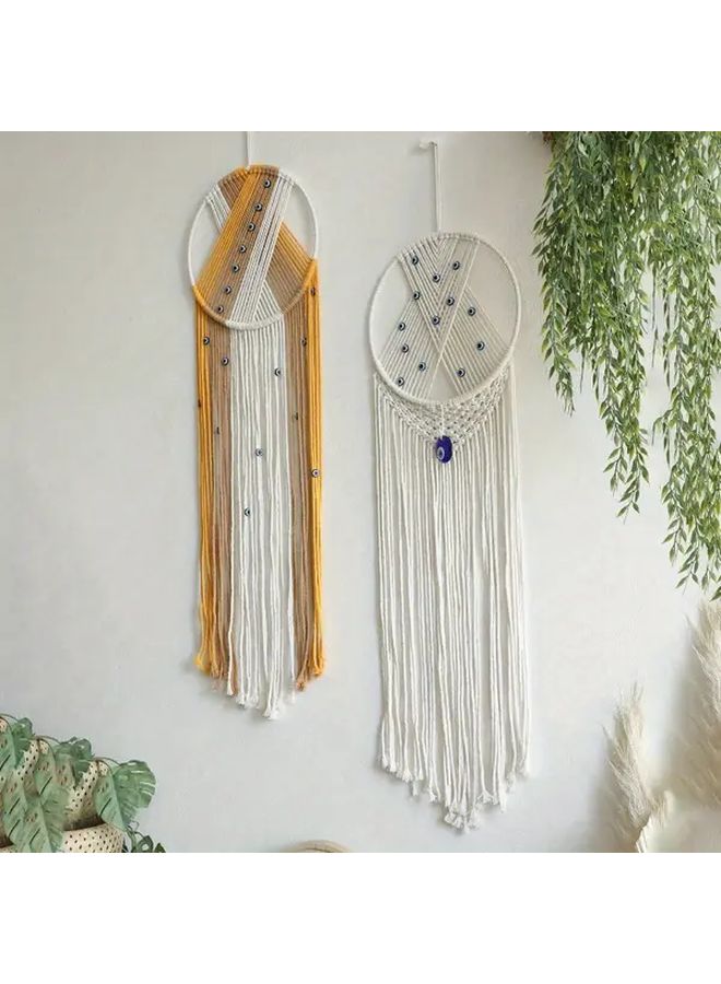Handmade Macrame Wall Hanging With Fringe And Evil Eye Beads Boho Tapestry Decor Model A - Image 5