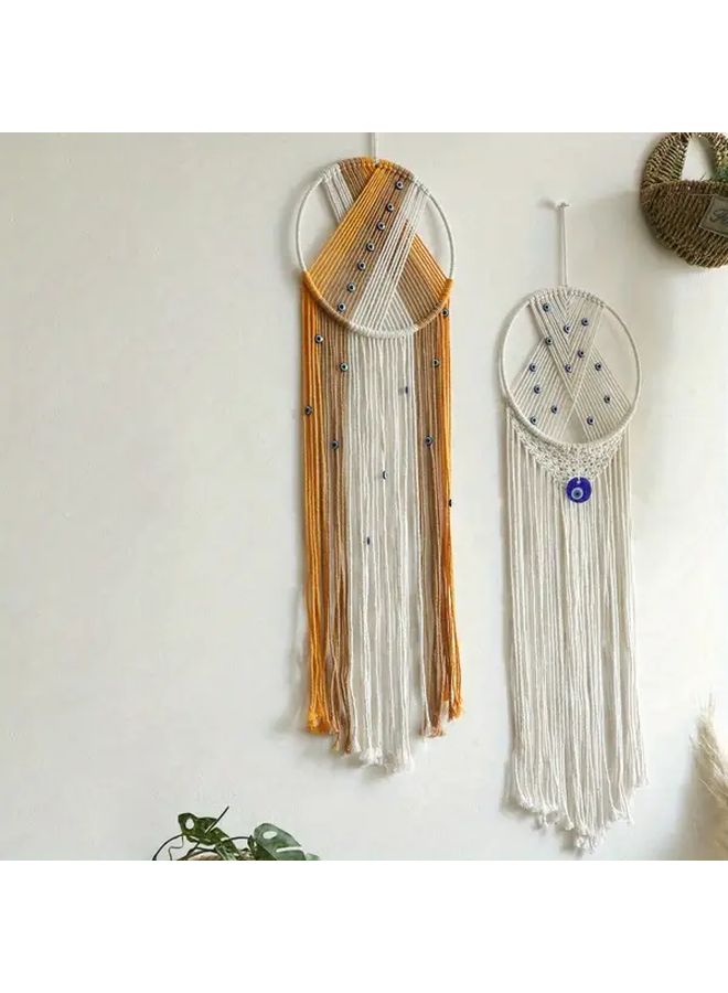 Handmade Macrame Wall Hanging With Fringe And Evil Eye Beads Boho Tapestry Decor Model A - Image 2
