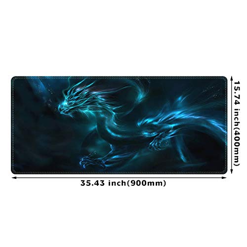 Meffort Inc Extra Large Extended Gaming Desk Mat Non-Slip Rubber Pads Stitched Edges XXL Mouse Pad 35.4 x 15.7 inch - Blue Dragon - Image 5