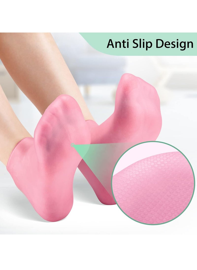 Noverlife Noverlife 2 Pairs Silicone Moisturizing Socks Softening Dry Cracked Feet Rough Skins & Anti Slip Aloe Socks for Dry Cracked Feet Women, Calluses, Spa Gel Socks Foot Care After Pedicure - Pink & White  - Image 3