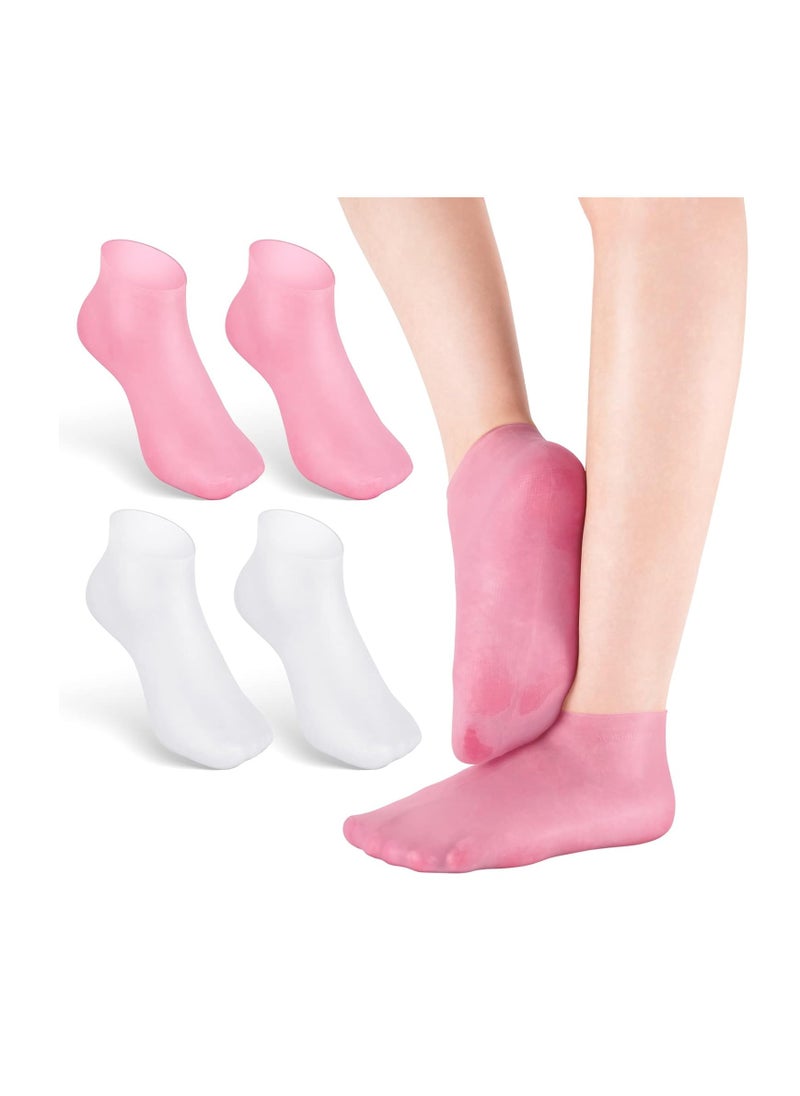 Noverlife Noverlife 2 Pairs Silicone Moisturizing Socks Softening Dry Cracked Feet Rough Skins & Anti Slip Aloe Socks for Dry Cracked Feet Women, Calluses, Spa Gel Socks Foot Care After Pedicure - Pink & White  - Image 2