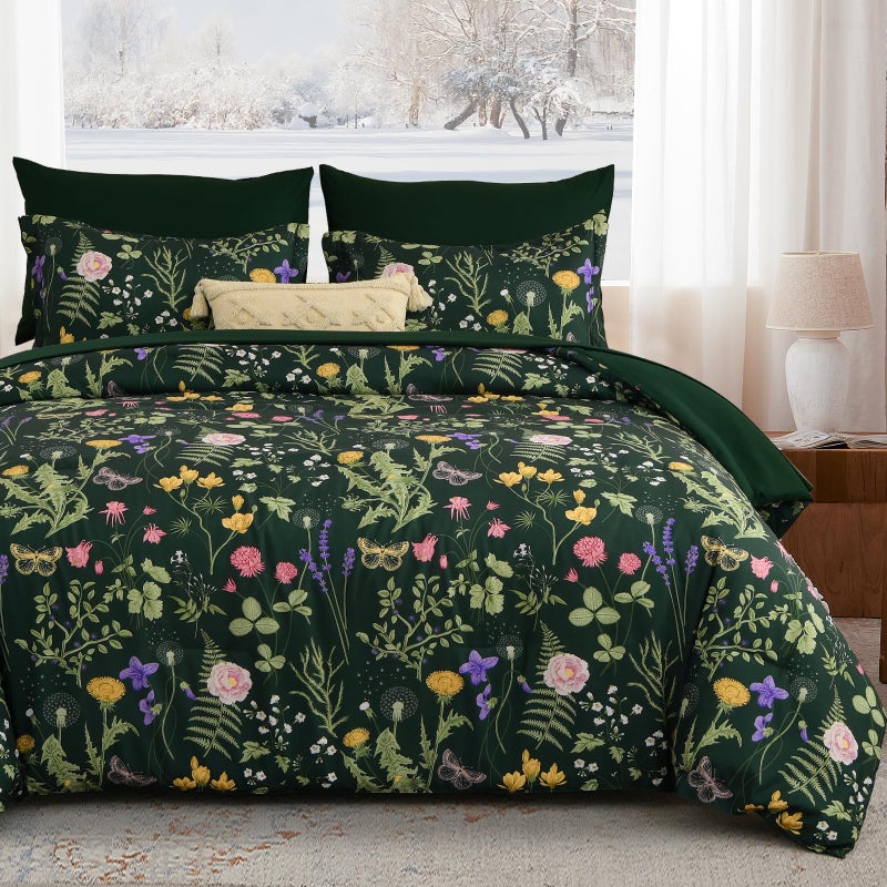 Yiran King Size Comforter Set 7 Piece, Dark Green Floral Bedding Set, Bed in a Bag King with Botanical Flowers Pattern, Soft Microfiber Complete Bedding Set with Sheets for All Season - Image 1