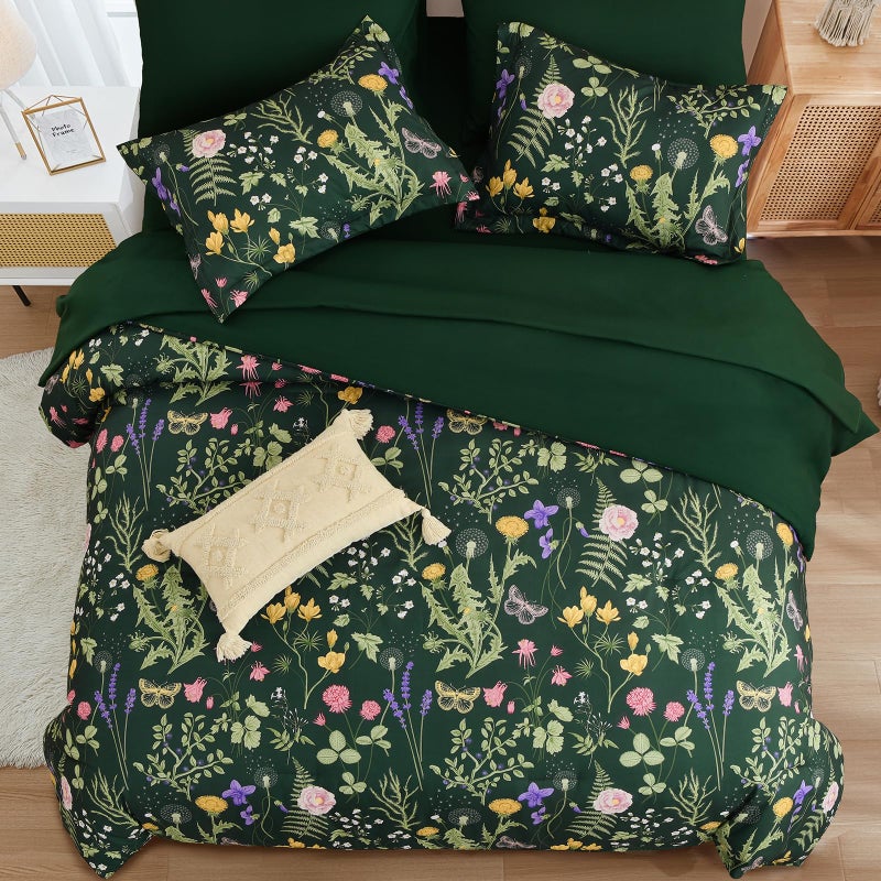 Yiran King Size Comforter Set 7 Piece, Dark Green Floral Bedding Set, Bed in a Bag King with Botanical Flowers Pattern, Soft Microfiber Complete Bedding Set with Sheets for All Season - Image 3