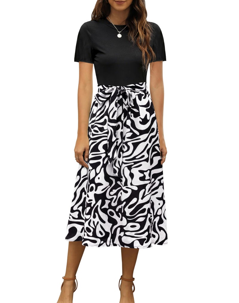 Zattcas Women 2025 Summer Dresses Short Sleeve Ribbed Teacher Church Modest Business Casual Work Outfits Midi Dress with Pockets Blackww L - Image 1