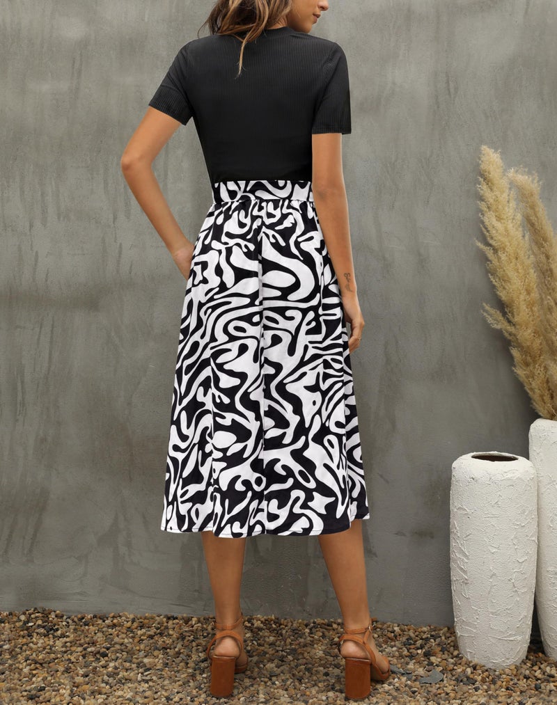 Zattcas Women 2025 Summer Dresses Short Sleeve Ribbed Teacher Church Modest Business Casual Work Outfits Midi Dress with Pockets Blackww L - Image 3