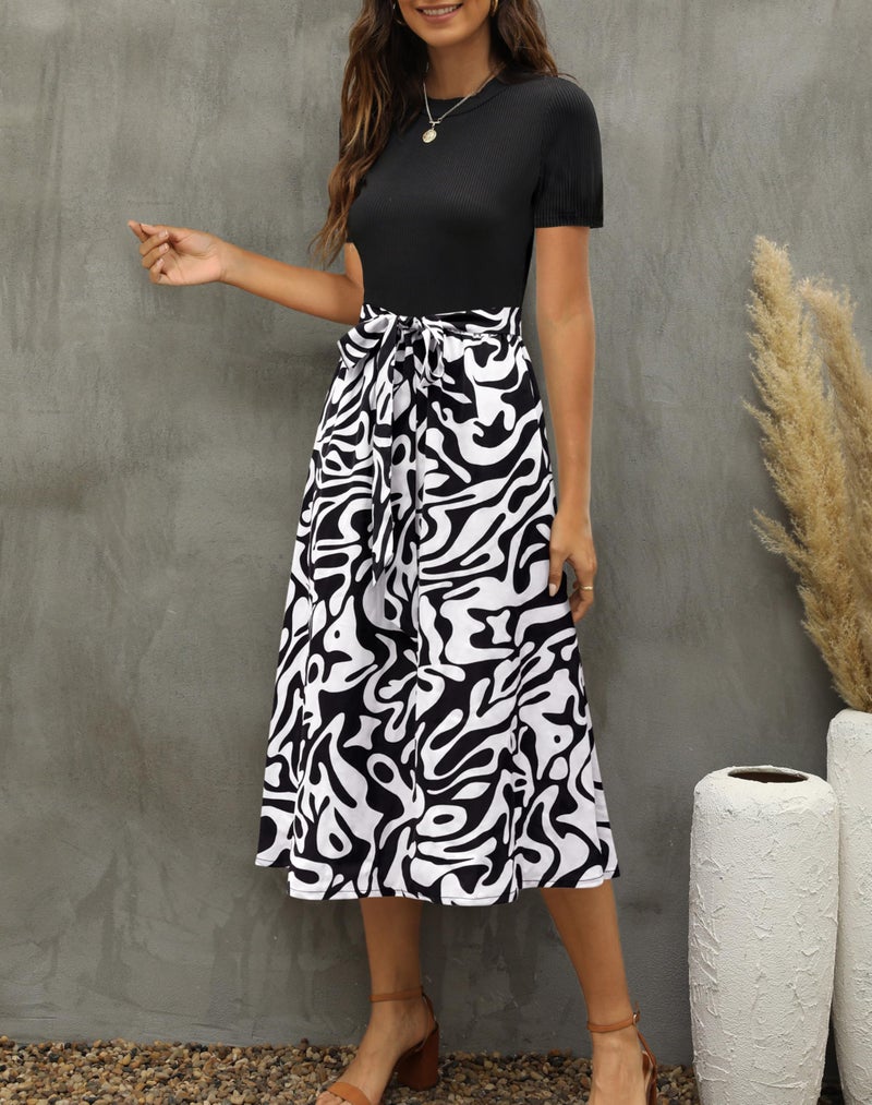 Zattcas Women 2025 Summer Dresses Short Sleeve Ribbed Teacher Church Modest Business Casual Work Outfits Midi Dress with Pockets Blackww L - Image 4