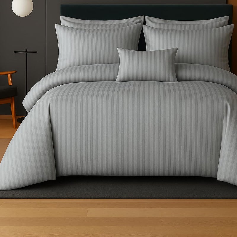 PRISCILLA 220 GSM 400TC Microfiber Satin Stripe Cotton AC Comforter Set King Size Double Bed with 1 Flat bedsheet-90x100 inch and Two Pillow Covers II 4 pc Bedding Set for Home|Hotels| (Silver) - Image 3