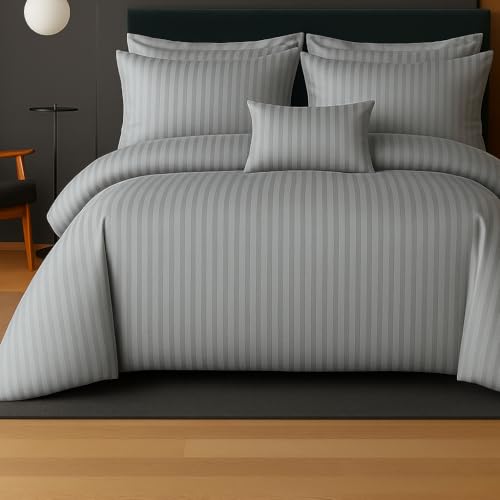PRISCILLA 220 GSM 400TC Microfiber Satin Stripe Cotton AC Comforter Set King Size Double Bed with 1 Flat bedsheet-90x100 inch and Two Pillow Covers II 4 pc Bedding Set for Home|Hotels| (Silver) - Image 1