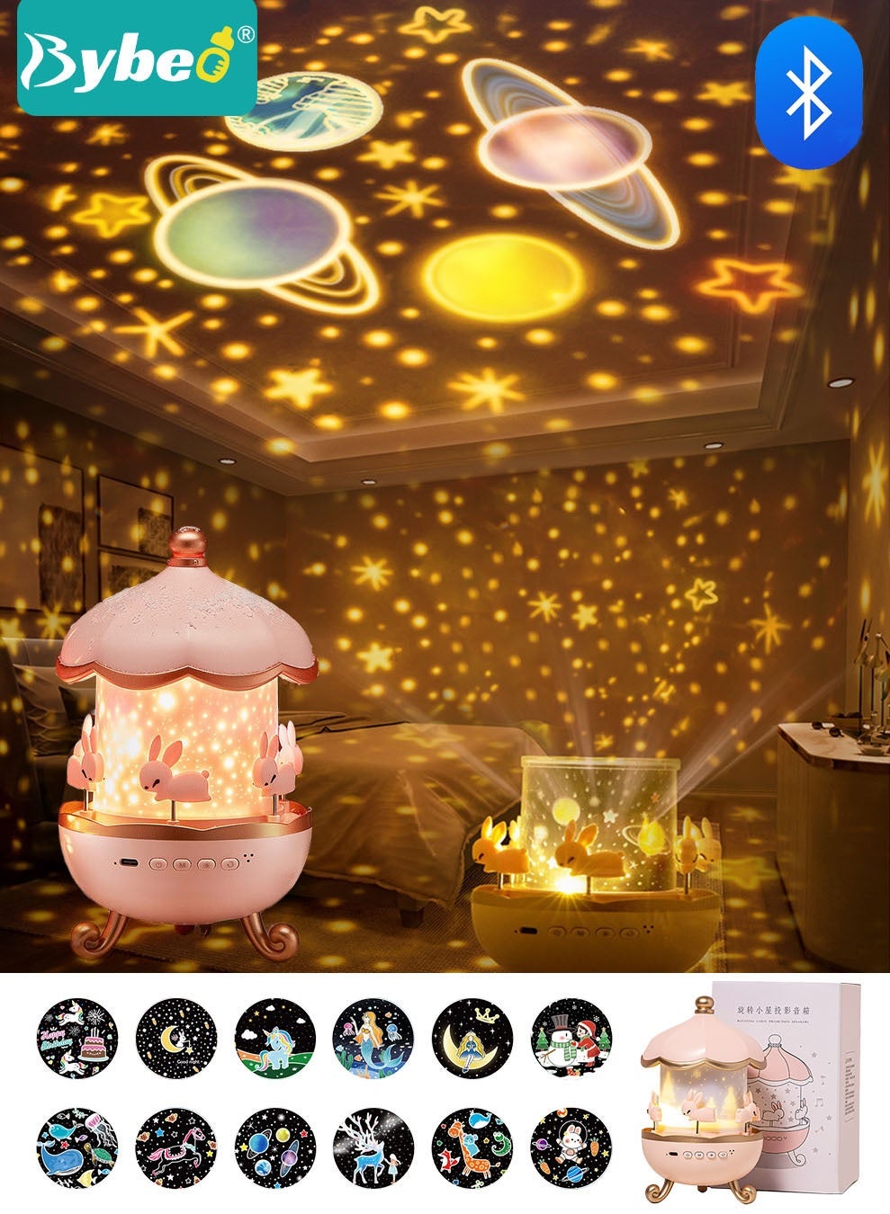 Night Light Projector for Kids, Star Projector & Bluetooth Music, Bedroom Night Light, Rechargeable Lamp, Children Birthday Gift for Bedroom Decor, 360° Rotation and Bluetooth, 12 Scenes+3 Lights+Music