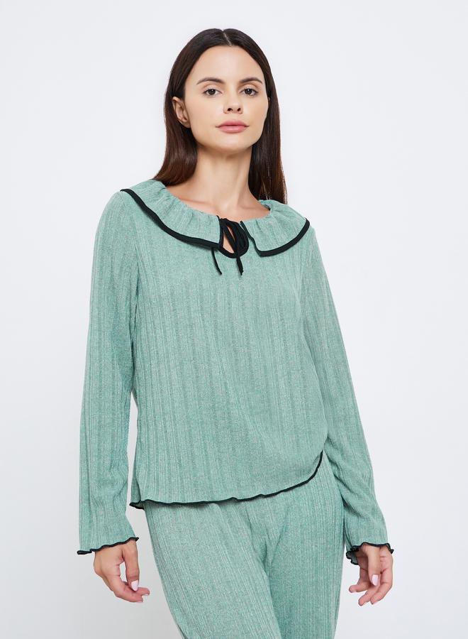 ستايلي طقم بيجاما من بنطال وتيشيرت بتفاصيل مضلعة وأربطة - Image 2