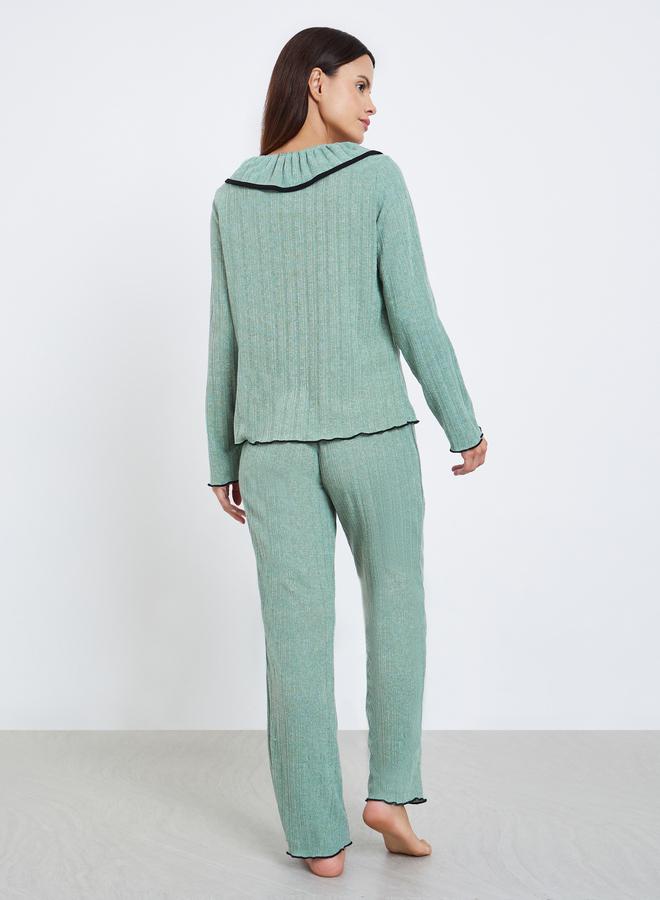 ستايلي طقم بيجاما من بنطال وتيشيرت بتفاصيل مضلعة وأربطة - Image 5