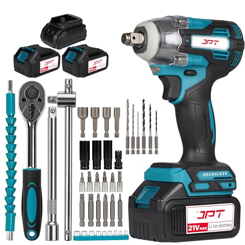 JPT 21v Heavy-Duty Brushless Cordless Impact Wrench| Brushless Motor | 400NM Torque | 4000RPM Speed with 3 Speed Mode | 4.0Ah Li-ion Battery & Fast Charger | 39-Piece Combo Kit for Car, Garage - Image 1