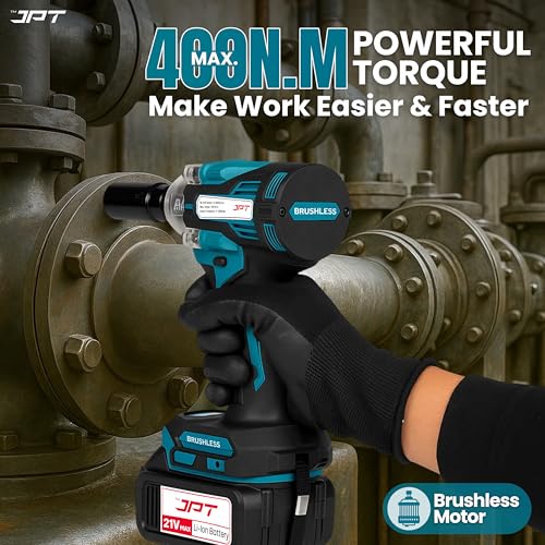 JPT 21v Heavy-Duty Brushless Cordless Impact Wrench| Brushless Motor | 400NM Torque | 4000RPM Speed with 3 Speed Mode | 4.0Ah Li-ion Battery & Fast Charger | 39-Piece Combo Kit for Car, Garage - Image 2