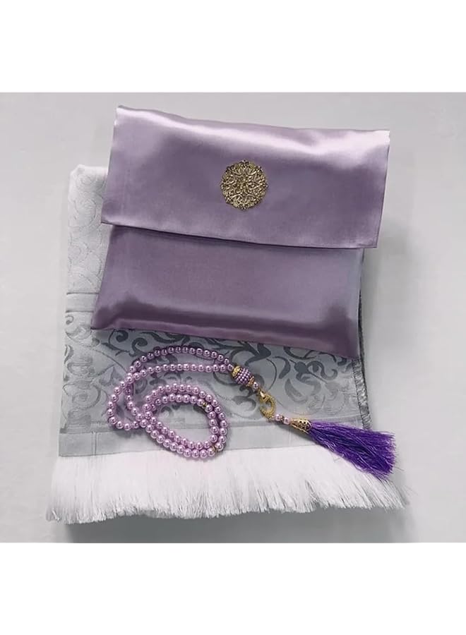 BPA Travel Portable Turkish Prayer Mat Rug With The Prayer Beads In Satin Pouch Set For Muslim Gifts Purple