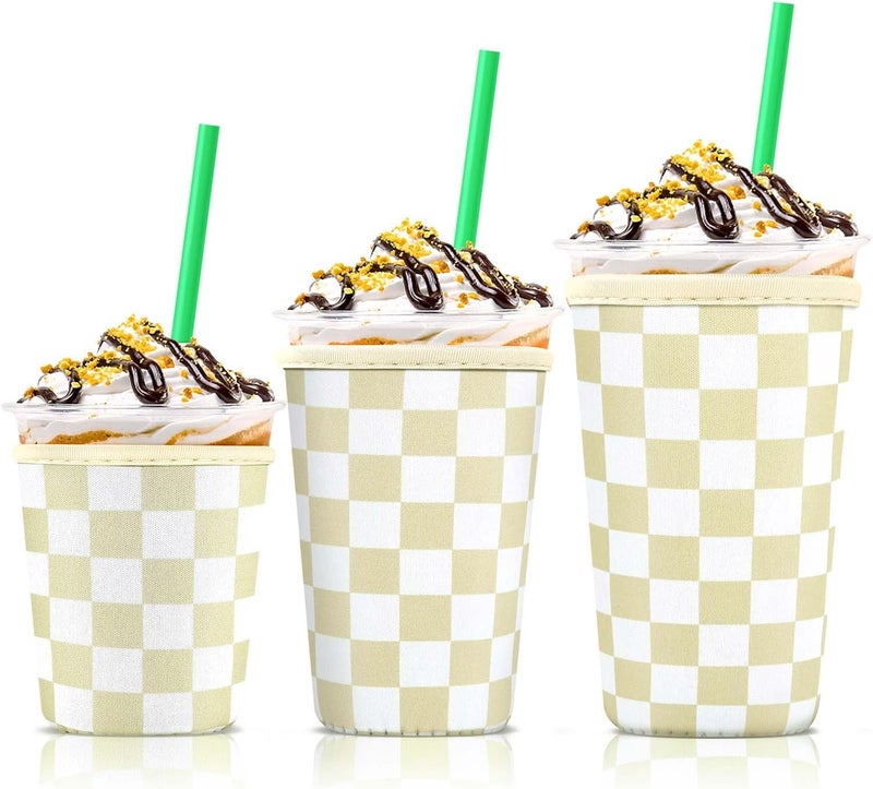 KPX 3 Pack Iced Coffee Cup Sleeve for Large Sized Cups, Reusable Neoprene Iced Coffee Cup Holder for Hot Cold Drinks, Compatible with Starbucks, Dunkin Donuts, and More（Khaki Checkered） - Image 1