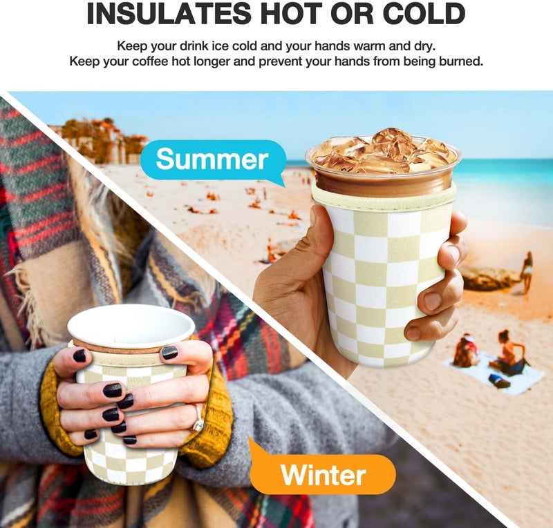 KPX 3 Pack Iced Coffee Cup Sleeve for Large Sized Cups, Reusable Neoprene Iced Coffee Cup Holder for Hot Cold Drinks, Compatible with Starbucks, Dunkin Donuts, and More（Khaki Checkered） - Image 4