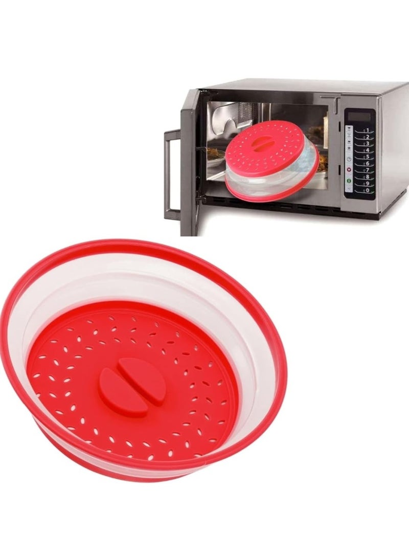 غطاء طبق للميكروويف، سيليكون قابل للطي، دائري، 26.5 سم، (أحمر)، غطاء مانع للتناثر مقاس 10.5 بوصة، غطاء طعام، مصفاة للفواكه والخضراوات، مصفاة، مصنوع من بلاستيك وسيليكون آمنين غذائيًا - Image 1