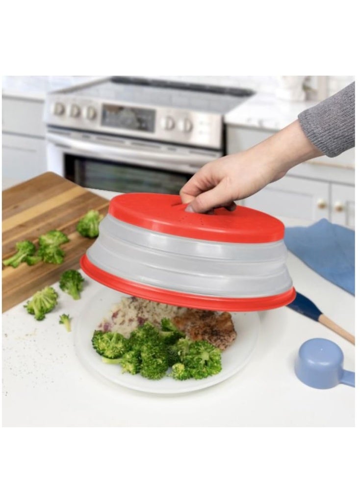غطاء طبق للميكروويف، سيليكون قابل للطي، دائري، 26.5 سم، (أحمر)، غطاء مانع للتناثر مقاس 10.5 بوصة، غطاء طعام، مصفاة للفواكه والخضراوات، مصفاة، مصنوع من بلاستيك وسيليكون آمنين غذائيًا - Image 2