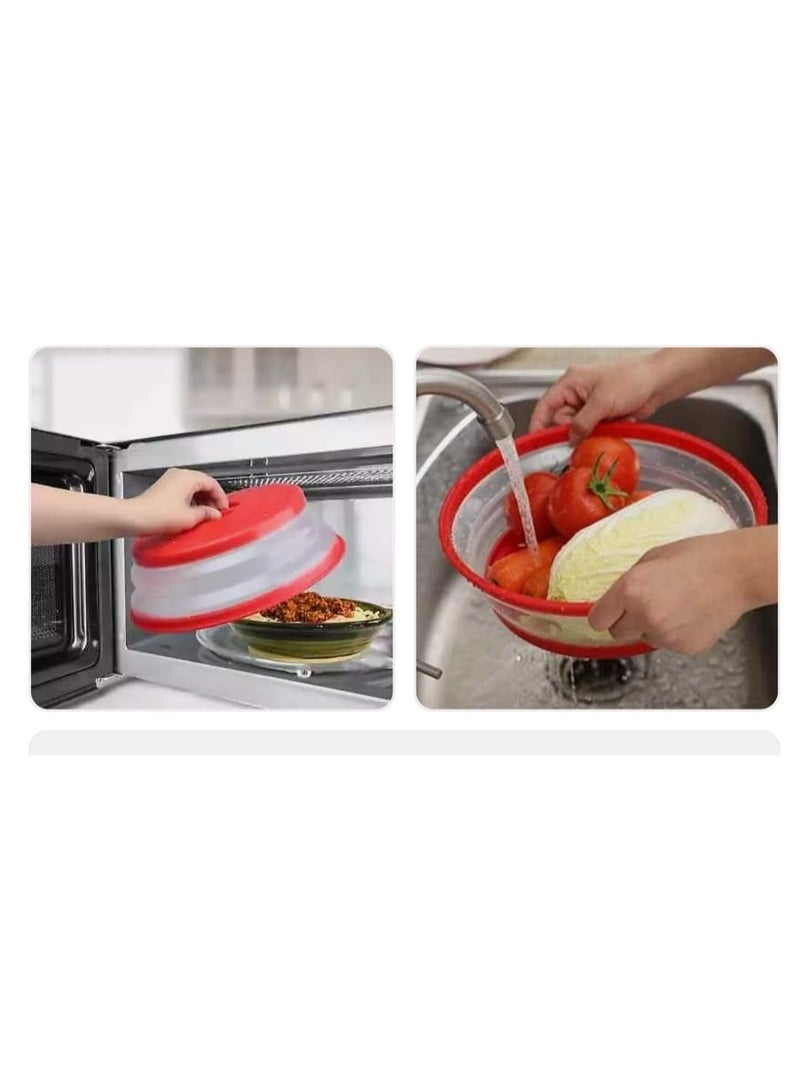 غطاء طبق للميكروويف، سيليكون قابل للطي، دائري، 26.5 سم، (أحمر)، غطاء مانع للتناثر مقاس 10.5 بوصة، غطاء طعام، مصفاة للفواكه والخضراوات، مصفاة، مصنوع من بلاستيك وسيليكون آمنين غذائيًا - Image 3