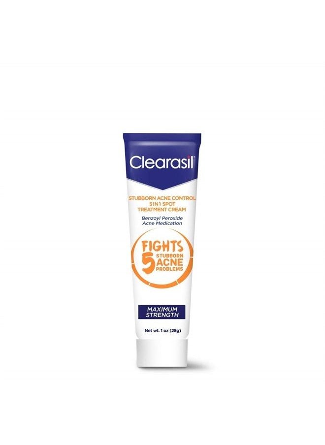 Clearasil Stubborn Acne Control 5 in 1 Spot Treatment Cream, Maximum Strength, Benzoyl Peroxide Acne Medication, Fights Blocked Pores, Pimple Size, Excess Oil, Acne Marks & Blackheads, 1 oz.  - Image 1