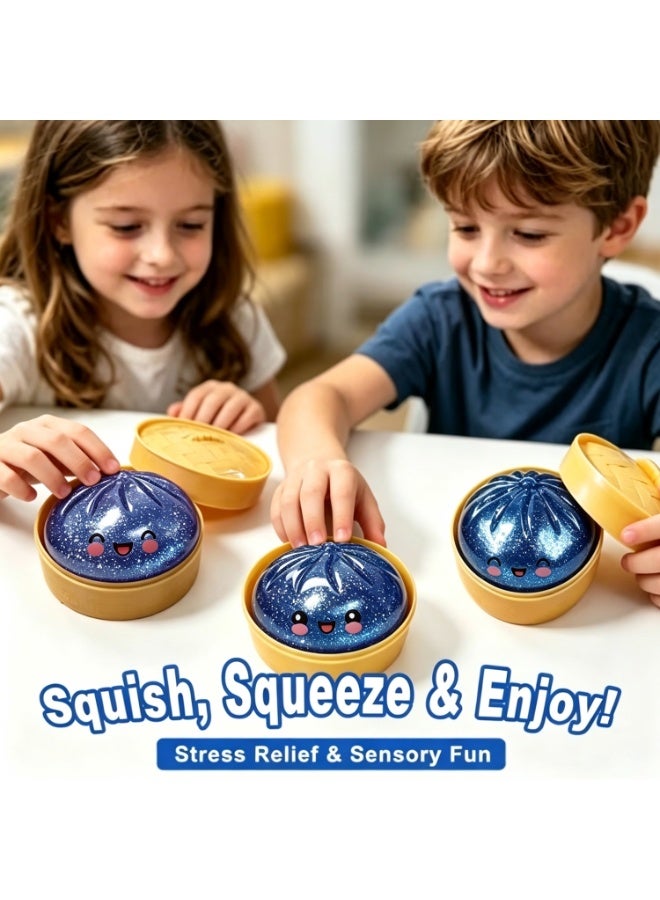 Glitter Dumpling Squishy Toy – Jumbo Colorful Stress Relief Dumpling Fidget with Steamer Box, Soft Squeeze Decompression Dough for Kids and Adults  （blue） - Image 5