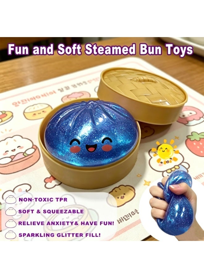 Glitter Dumpling Squishy Toy – Jumbo Colorful Stress Relief Dumpling Fidget with Steamer Box, Soft Squeeze Decompression Dough for Kids and Adults  （blue） - Image 2