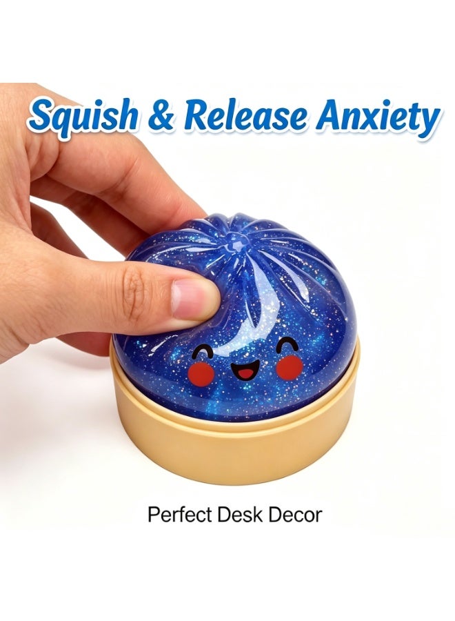 Glitter Dumpling Squishy Toy – Jumbo Colorful Stress Relief Dumpling Fidget with Steamer Box, Soft Squeeze Decompression Dough for Kids and Adults  （blue） - Image 1