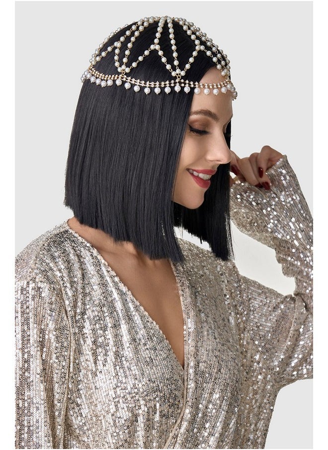 BABEYOND - 1920S Crystal Cap Headpiece Rhinestone Head Chain Roaring 20S Great Gatsby Hair Accessories For Art Deco Party (Gold Pearl) - Image 1