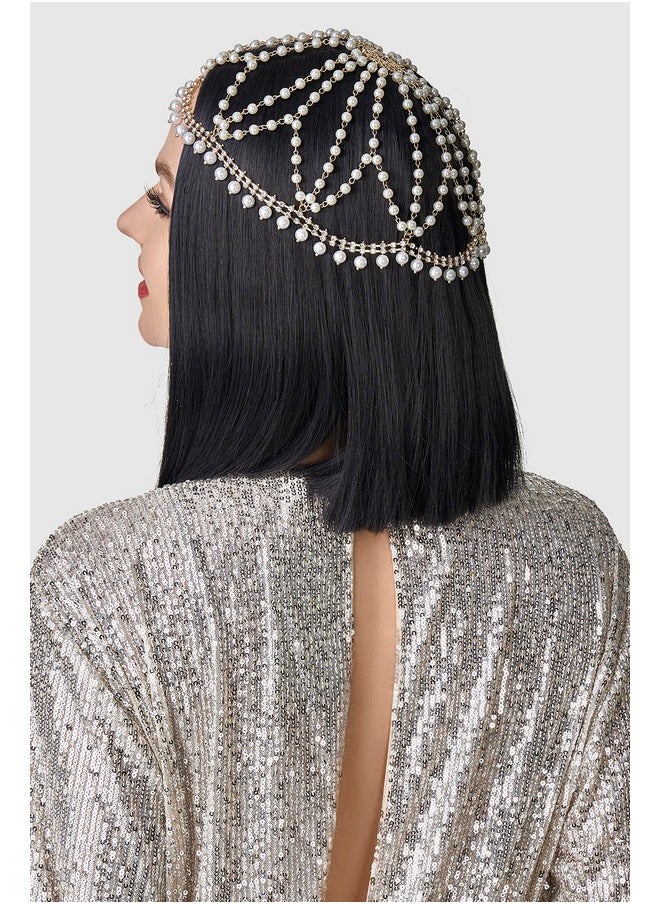 BABEYOND - 1920S Crystal Cap Headpiece Rhinestone Head Chain Roaring 20S Great Gatsby Hair Accessories For Art Deco Party (Gold Pearl) - Image 1