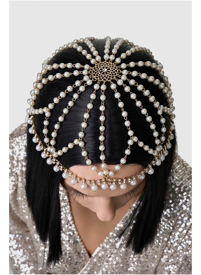BABEYOND - 1920S Crystal Cap Headpiece Rhinestone Head Chain Roaring 20S Great Gatsby Hair Accessories For Art Deco Party (Gold Pearl) - Image 1