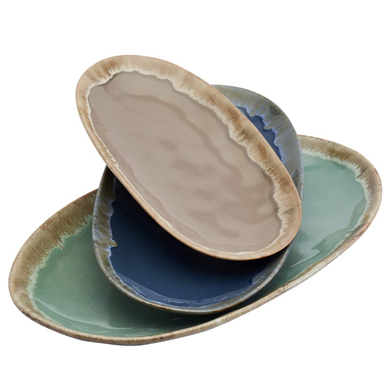 Tabletops Gallery Tuscan Reactive Glaze Stoneware Platter Serving Bowl Mixing Bowl Mug Tuscan 3 Piece Oval Serving Platter Set Blue Green and Brown