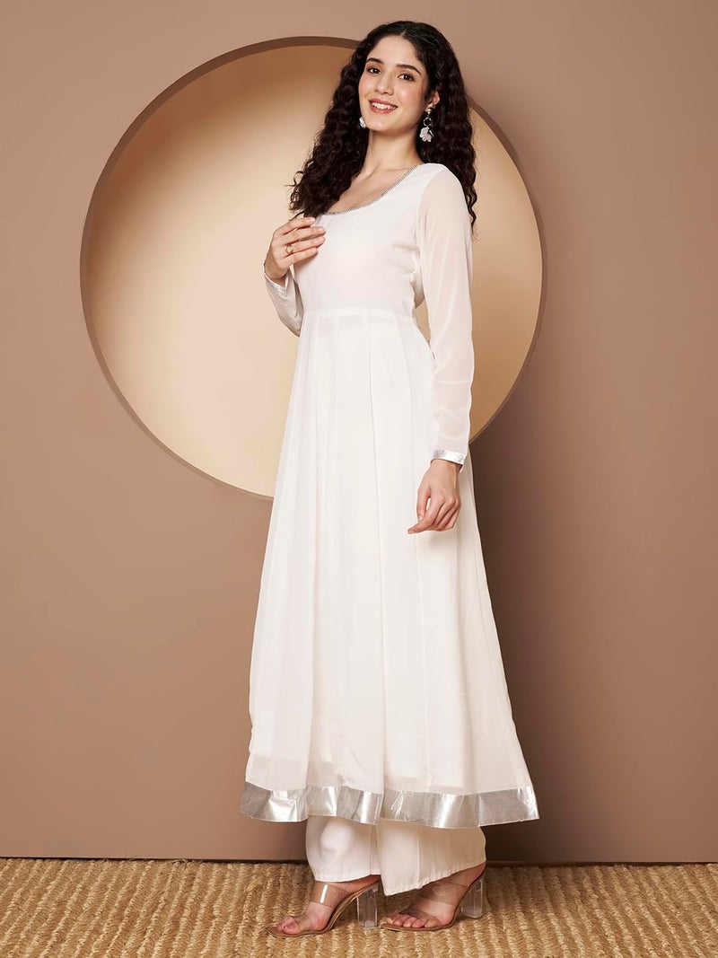 KZA Women's Georgette Hand Embroidered Flared Anarkali Suit with Full Sleeves | Ethnic Dress Kurta for Women Off White - Image 3