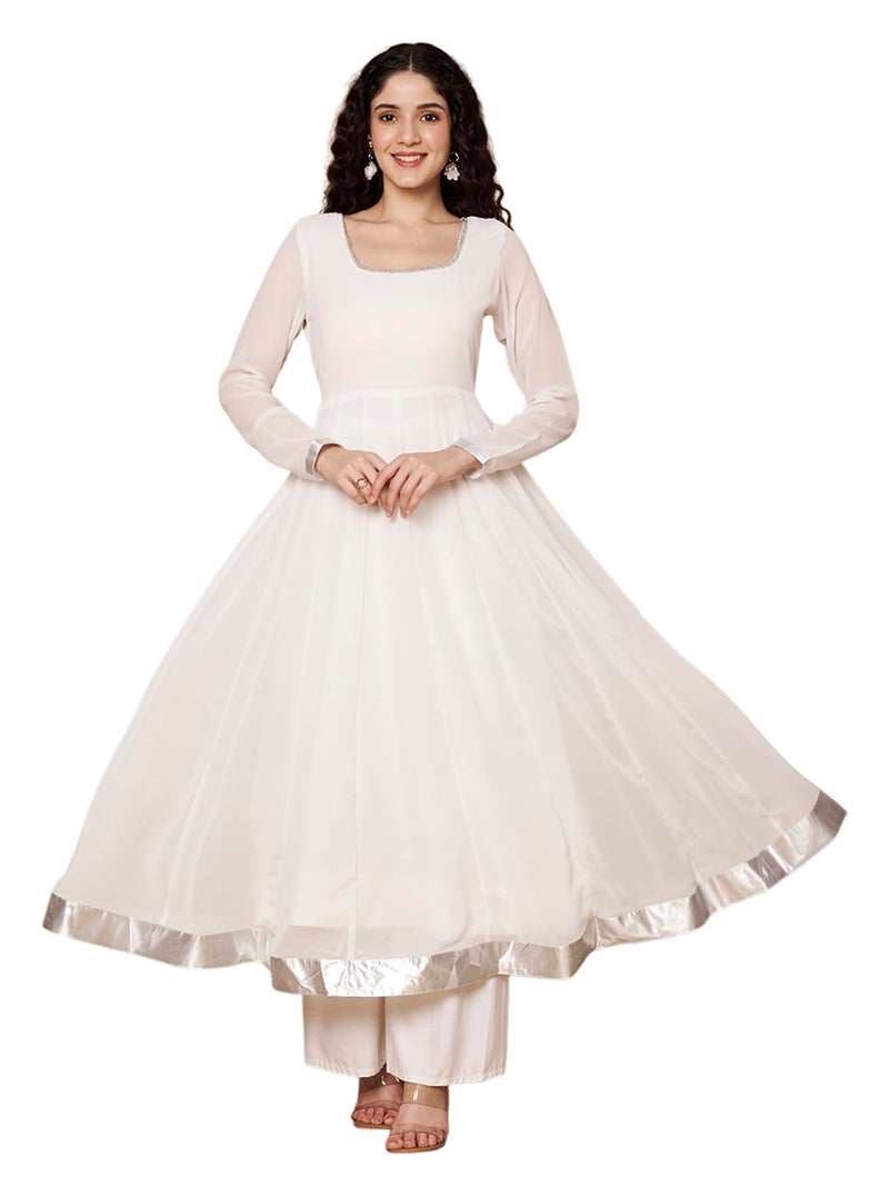 KZA Women's Georgette Hand Embroidered Flared Anarkali Suit with Full Sleeves | Ethnic Dress Kurta for Women Off White - Image 1