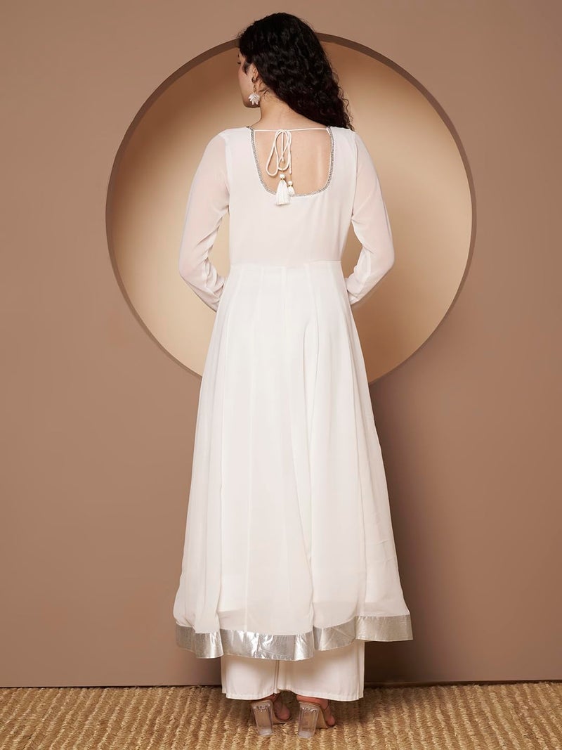 KZA Women's Georgette Hand Embroidered Flared Anarkali Suit with Full Sleeves | Ethnic Dress Kurta for Women Off White - Image 4