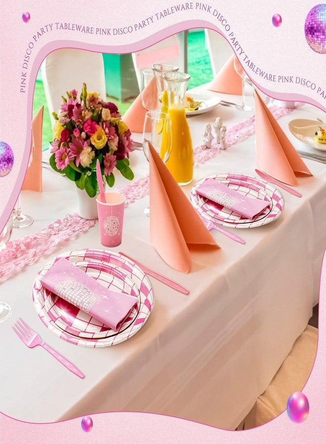 Willinglong 120 Pcs Pink Disco Party Decoration - Tableware Set for 24 Guests - Includes Dessert Plates, Cocktail Napkins, Cups, Forks - 70s Pink Theme for Cowgirl, Women, Bachelorette, Birthday Favor - Image 5
