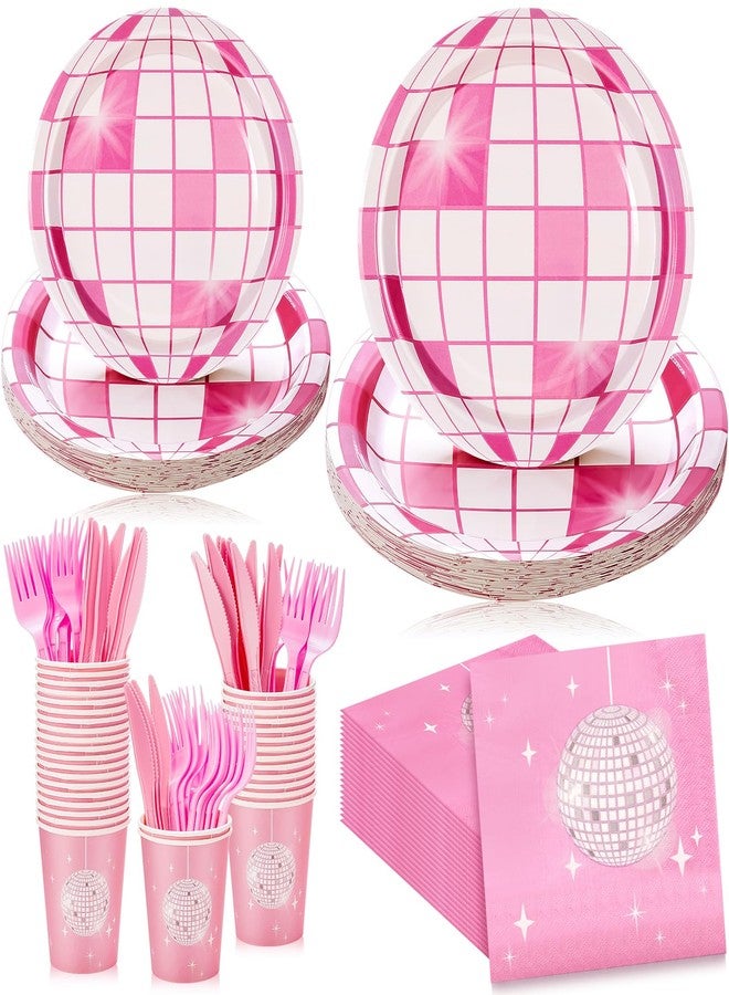 Willinglong 120 Pcs Pink Disco Party Decoration - Tableware Set for 24 Guests - Includes Dessert Plates, Cocktail Napkins, Cups, Forks - 70s Pink Theme for Cowgirl, Women, Bachelorette, Birthday Favor - Image 1