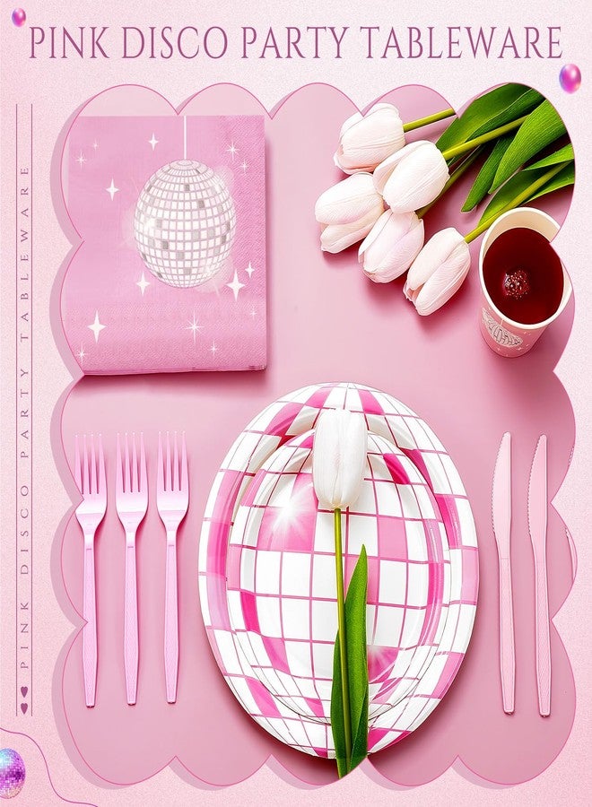 Willinglong 120 Pcs Pink Disco Party Decoration - Tableware Set for 24 Guests - Includes Dessert Plates, Cocktail Napkins, Cups, Forks - 70s Pink Theme for Cowgirl, Women, Bachelorette, Birthday Favor - Image 3