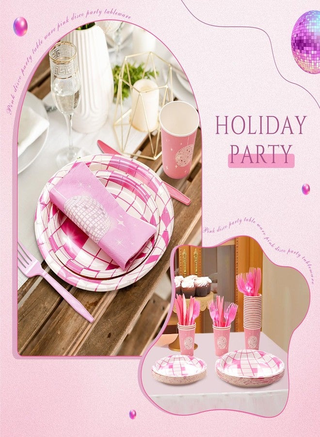 Willinglong 120 Pcs Pink Disco Party Decoration - Tableware Set for 24 Guests - Includes Dessert Plates, Cocktail Napkins, Cups, Forks - 70s Pink Theme for Cowgirl, Women, Bachelorette, Birthday Favor - Image 4