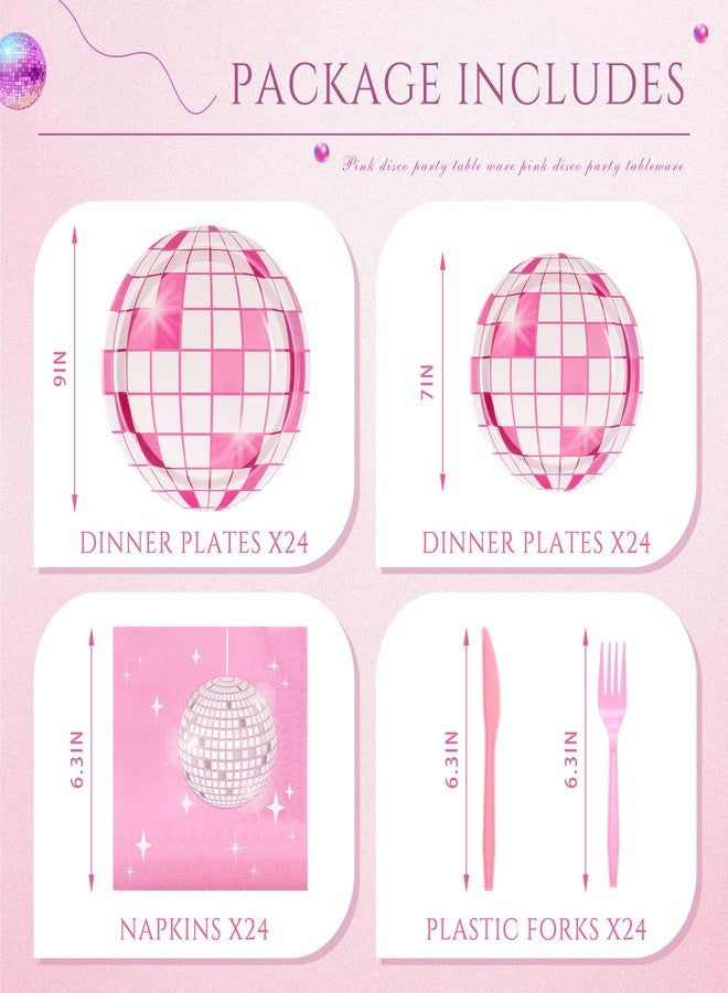 Willinglong 120 Pcs Pink Disco Party Decoration - Tableware Set for 24 Guests - Includes Dessert Plates, Cocktail Napkins, Cups, Forks - 70s Pink Theme for Cowgirl, Women, Bachelorette, Birthday Favor - Image 2