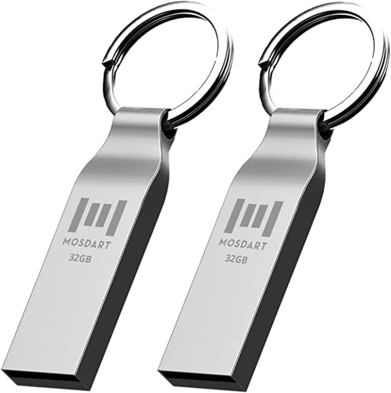 موس دارت محرك أقراص فلاش MOSDART مقاوم للماء 32GB USB2.0، FAT32، عصا ذاكرة معدنية مع سلسلة مفاتيح، للنسخ الاحتياطي للنظام، تخزين البيانات، فضي (عبوة من 2) - Image 1