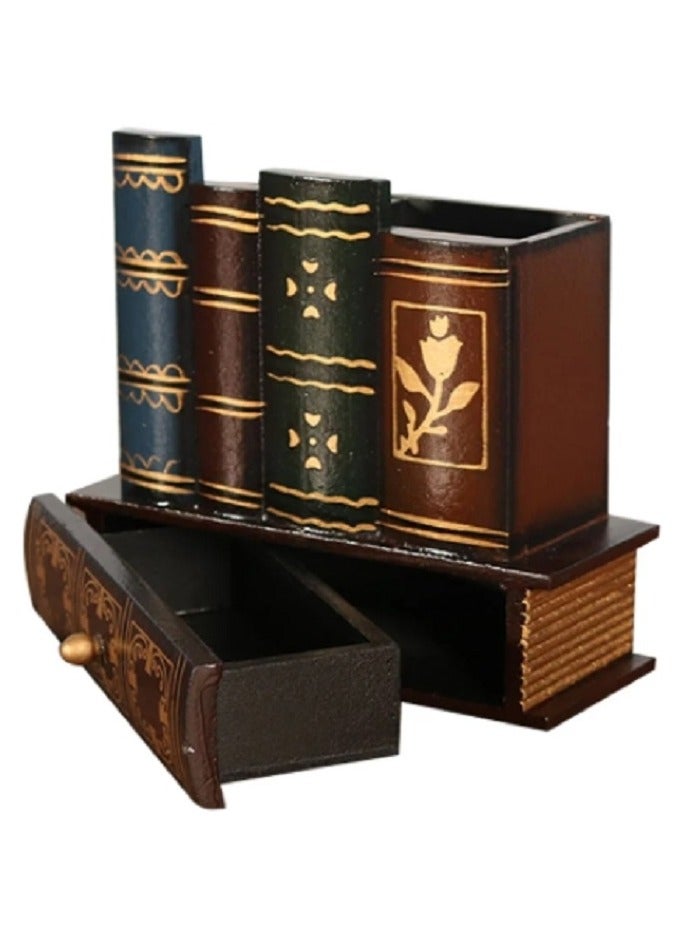 YINZUO Decorative Library Books Design Wooden Office Supply Caddy Pencil Holder Organizer with Bottom Drawe Remover Repetition - Image 1