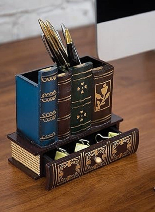 YINZUO Decorative Library Books Design Wooden Office Supply Caddy Pencil Holder Organizer with Bottom Drawe Remover Repetition - Image 3