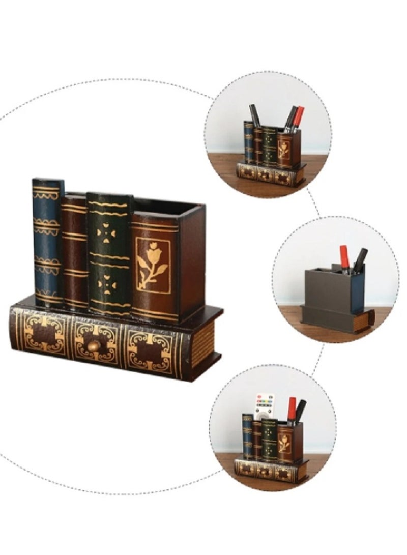 YINZUO Decorative Library Books Design Wooden Office Supply Caddy Pencil Holder Organizer with Bottom Drawe Remover Repetition - Image 5