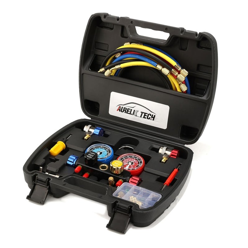 Aurelio Tech أوريليو تكنولوجي النسخة المطورة مجموعة عدادات مانيفولد تكييف 4 طرق تناسب R134A R410A R404A R22 مع خرطوم بطول 5 أقدام 3 محولات أسطوانات أكمي وصلات قابلة للتعديل وصنبور علبه - Image 1