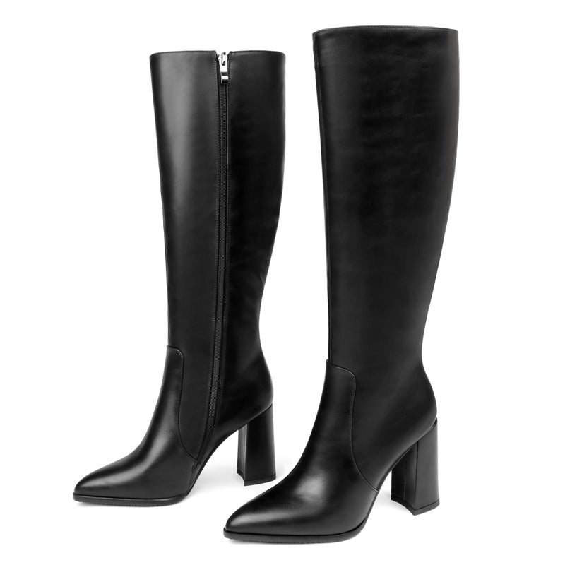 COLETER Women's Knee High Boots Pointed Toe Chunky Gogo Boots Zipper Block Heeled Tall Dress Boots Matte Black 9US - Image 1