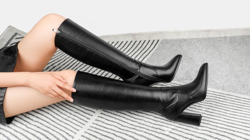 COLETER Women's Knee High Boots Pointed Toe Chunky Gogo Boots Zipper Block Heeled Tall Dress Boots Matte Black 9US - Image 3