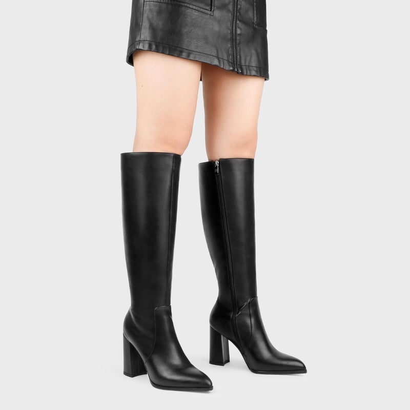 COLETER Women's Knee High Boots Pointed Toe Chunky Gogo Boots Zipper Block Heeled Tall Dress Boots Matte Black 9US - Image 2
