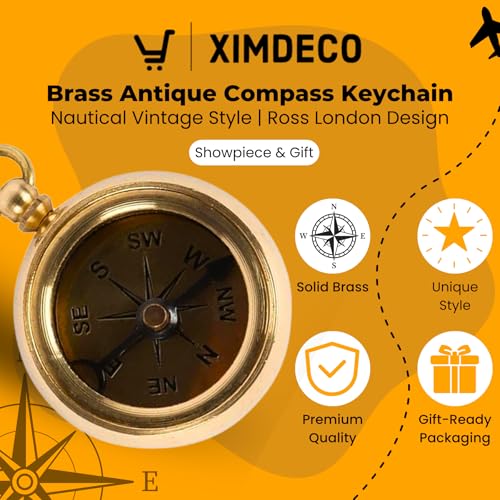 Ximdeco Brass Antique Nautical Vintage Style Ross London Compass Key Chain Showpiece (Golden) - Image 2