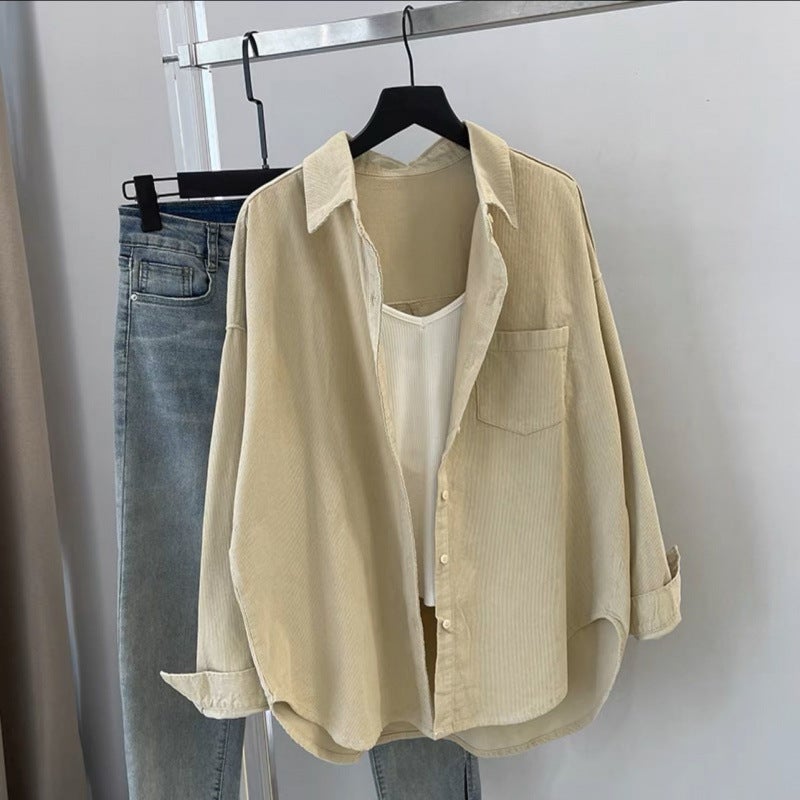 French Design Sense Niche Corduroy Sanding Retro Hong Kong Flavor Light Mature Shirt Womens 2025 Spring and Autumn New Top Apricot - Image 1